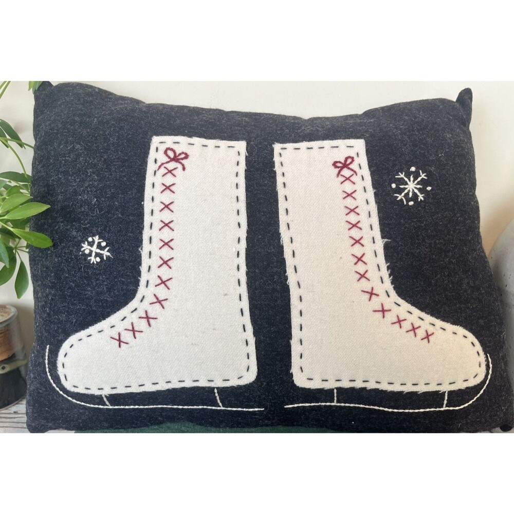 Vintage 1990’s Farmhouse Hand Sewn Wool Christmas Pillow Ice Skates Country 16”